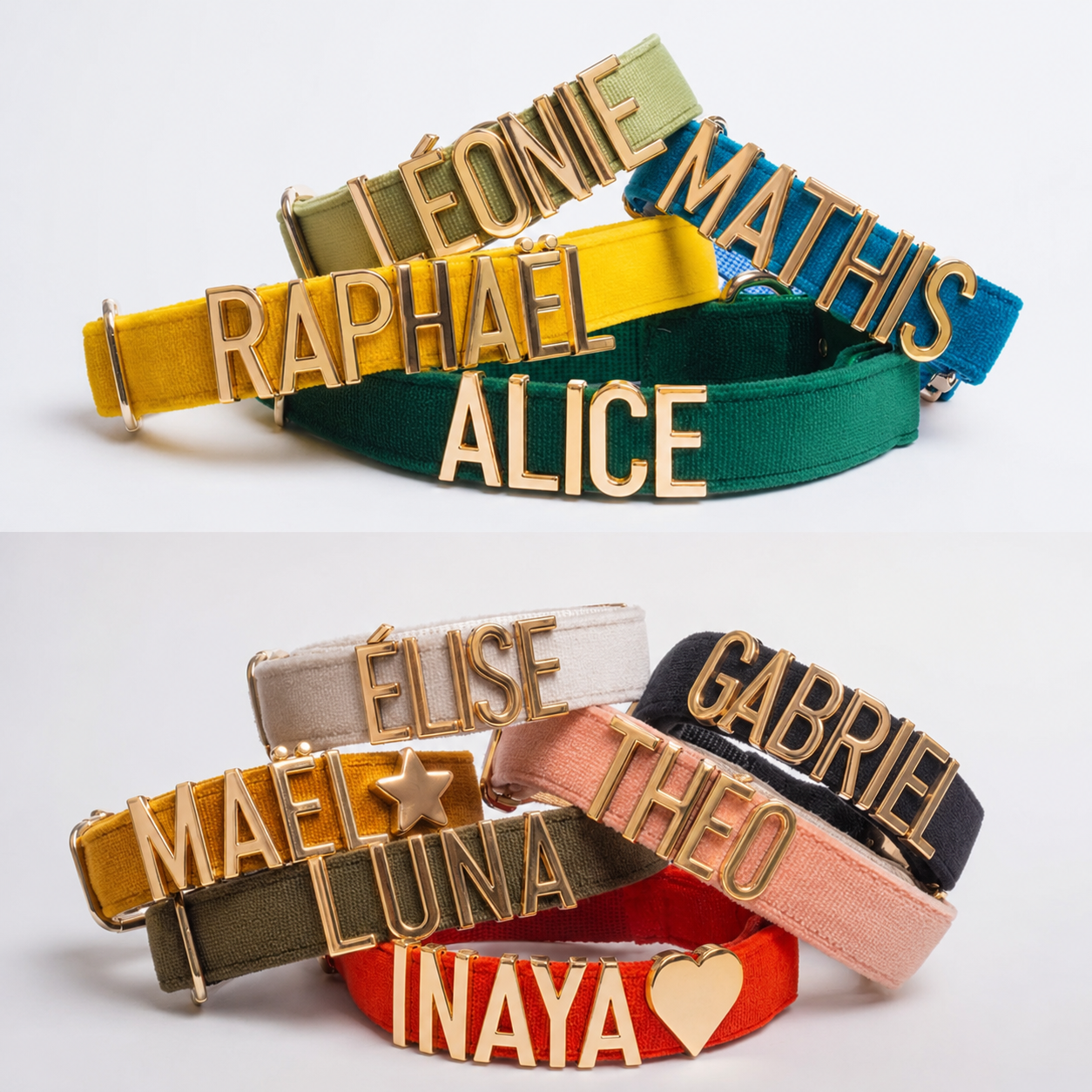 Collier personnalisé pour chien avec lettres en métal doré
